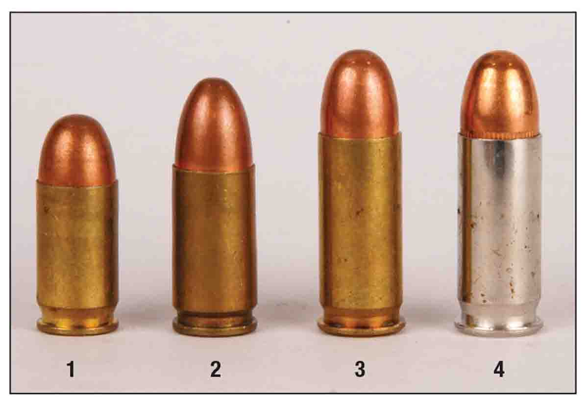 Cartridges: (1) 380 Auto, (2) 9mm Luger, (3) 38 Auto and (4) 38 Super+P.
